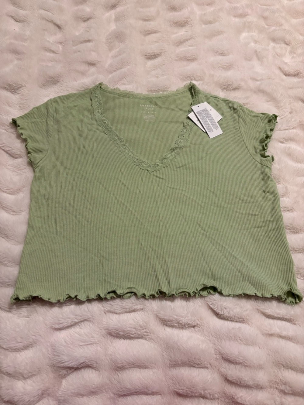 NWT American Eagle Outfitters Light Green Ribbed V-Neck Tee with Lace Trim